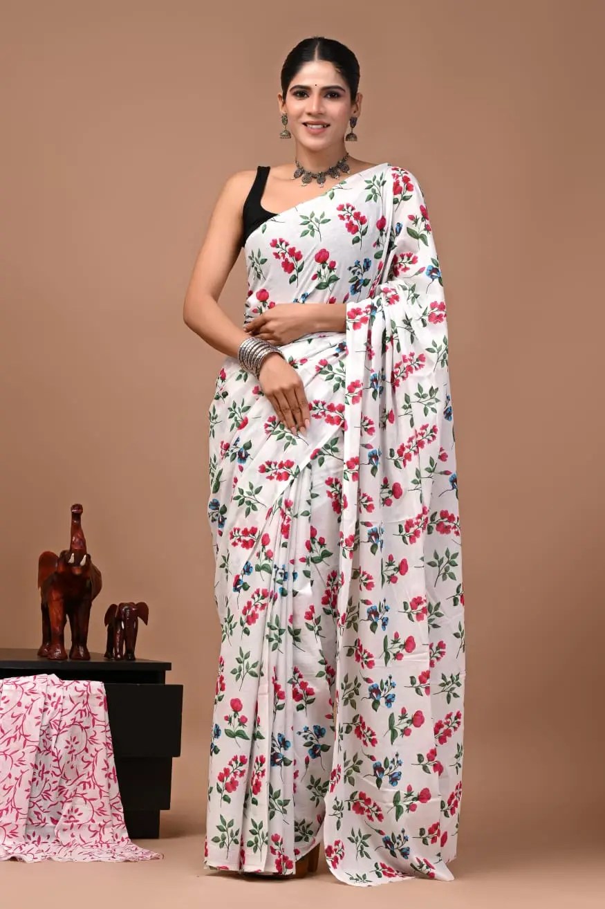 Bagru Hand Block Printed White Floral Cotton Saree With Running Blouse W