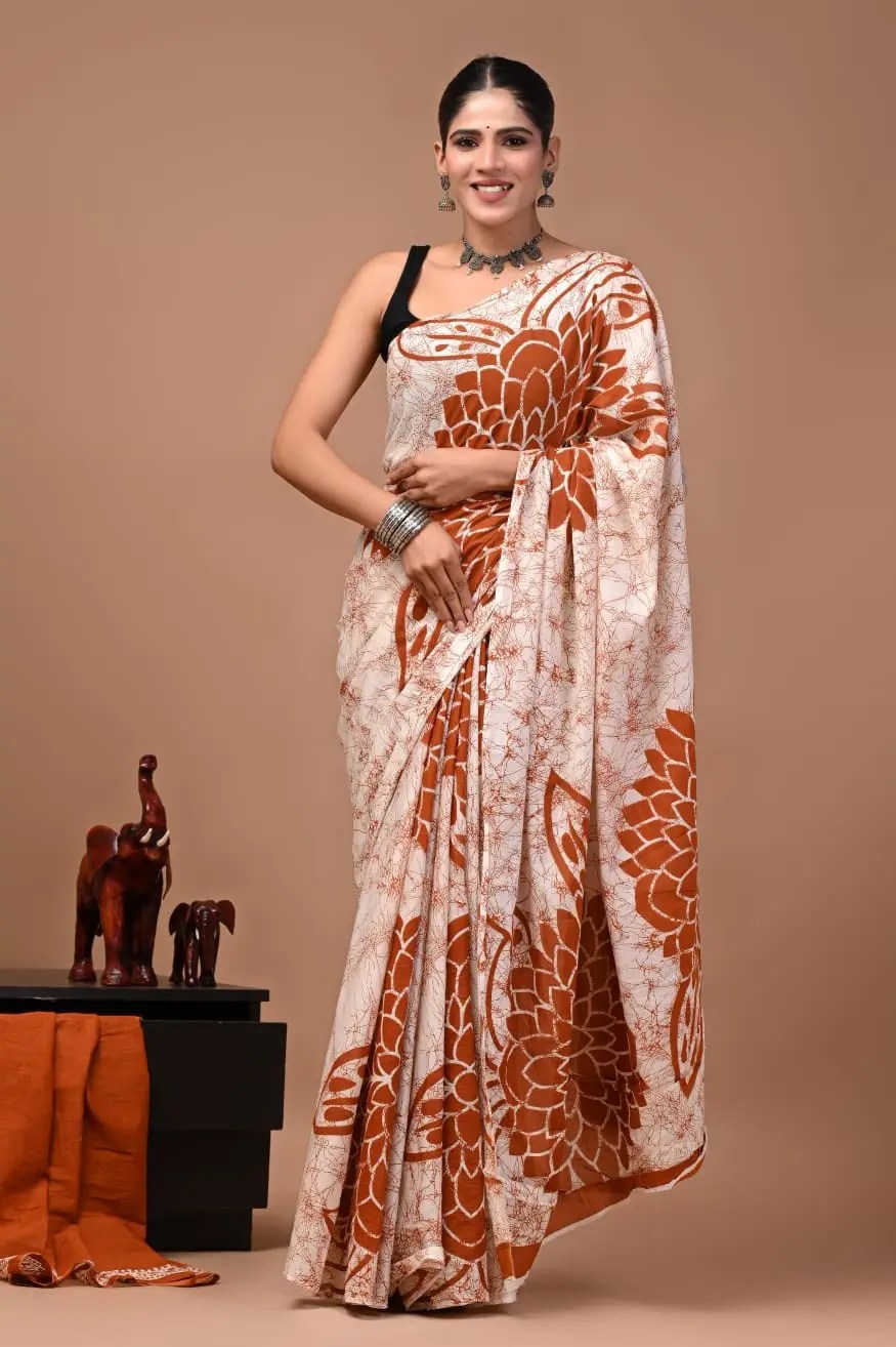 Bagru Hand Block Printed Cream & Rust Orange Floral Cotton Saree With Running Blouse W