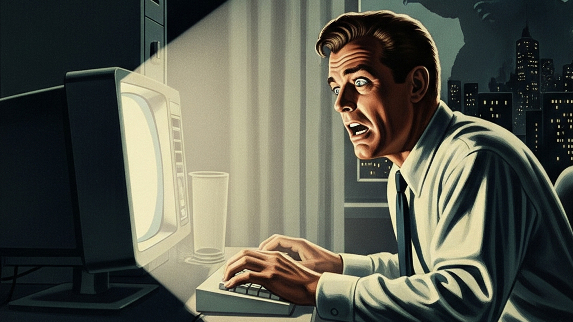 A businessman recoils in terror from his outdated website, a visual metaphor for the security risks and performance issues that signal an urgent need for a website redesign.