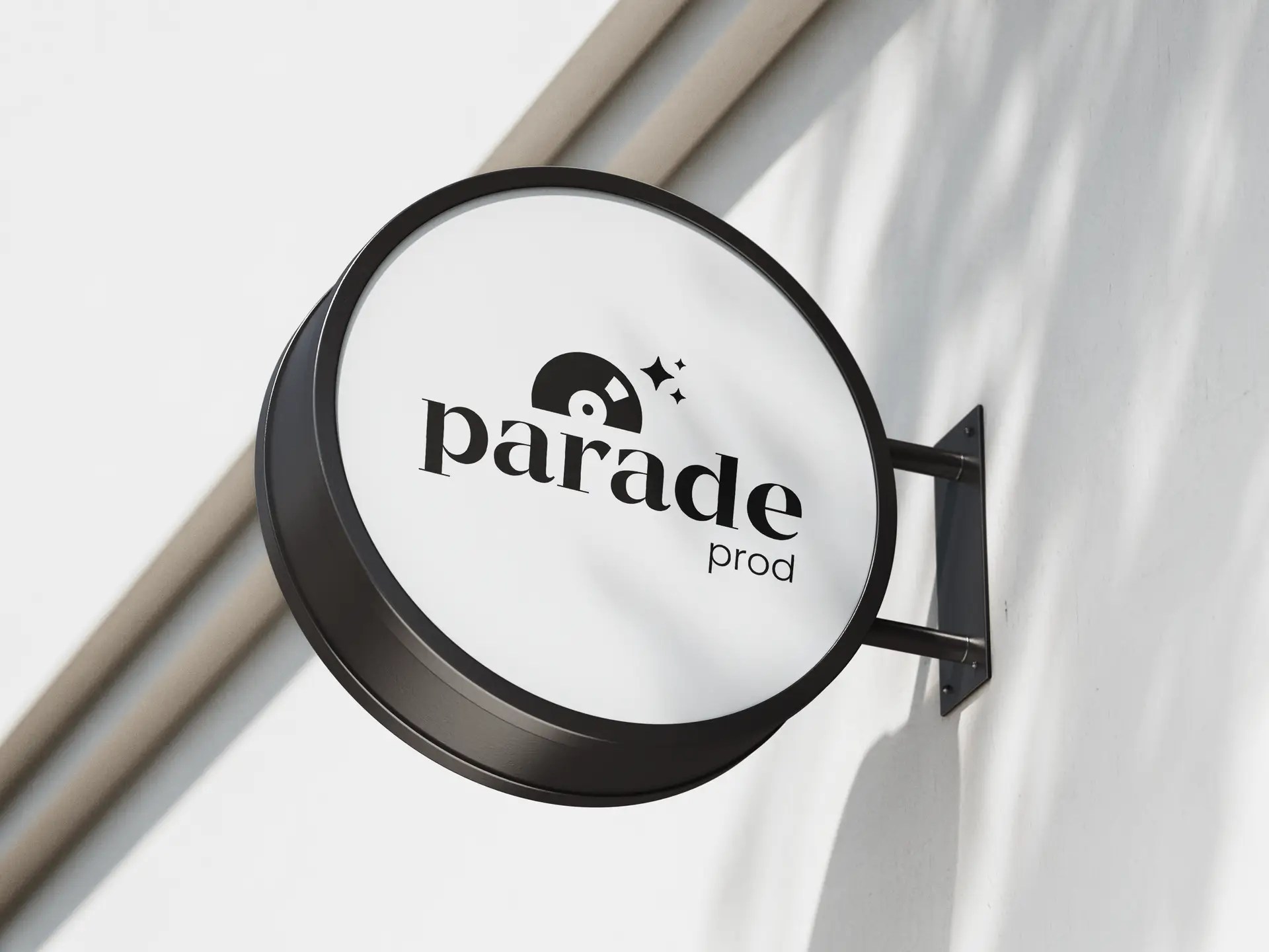Mockup du logo sur un signe d'enseigne rond de l'entreprise Parade
