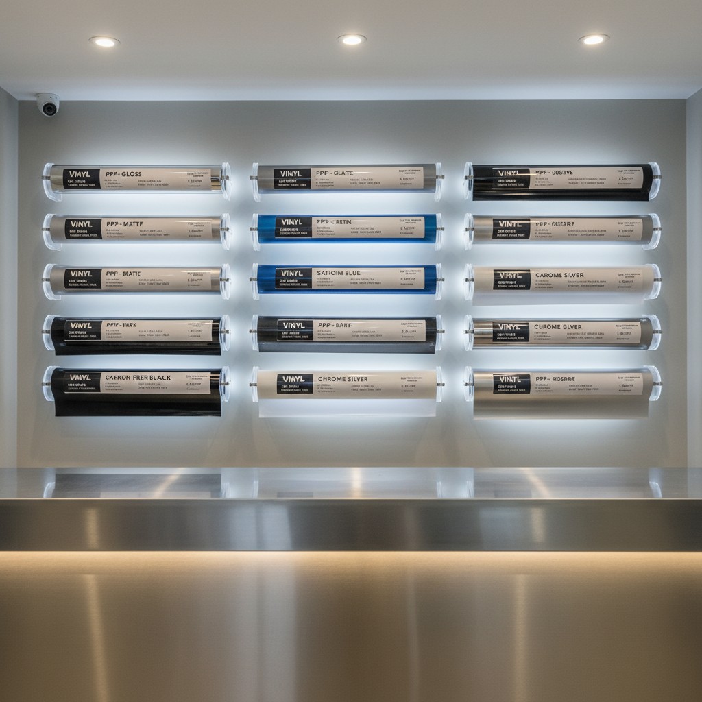 Transparent white and silver plastic rolls of vinyl hanging on the wall of a printing store or display.