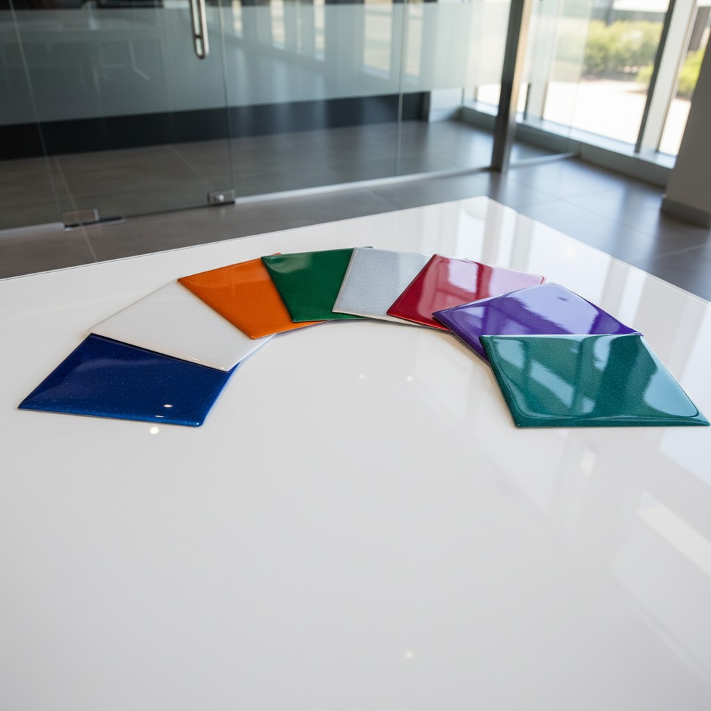 A selection of colorful tiles in various hues, arranged in a semicircle on a white, glossy surface, set against a backgrou...