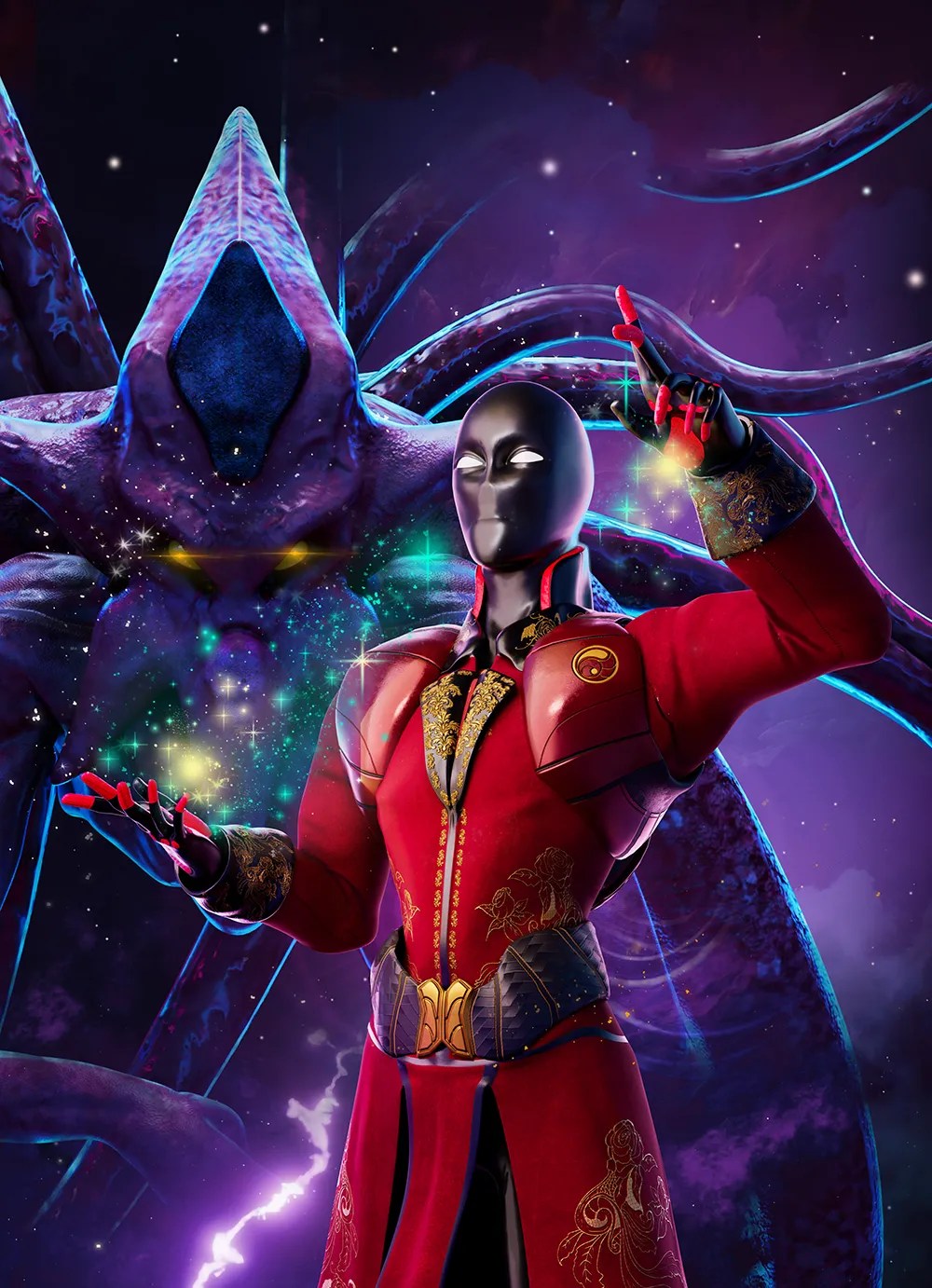 The cover of the xenofiction action-adventure novel, A Sense for Memory: Part Two, depicting Illusionist Xa-Kol prominently featured in front of an eldritch alien creature