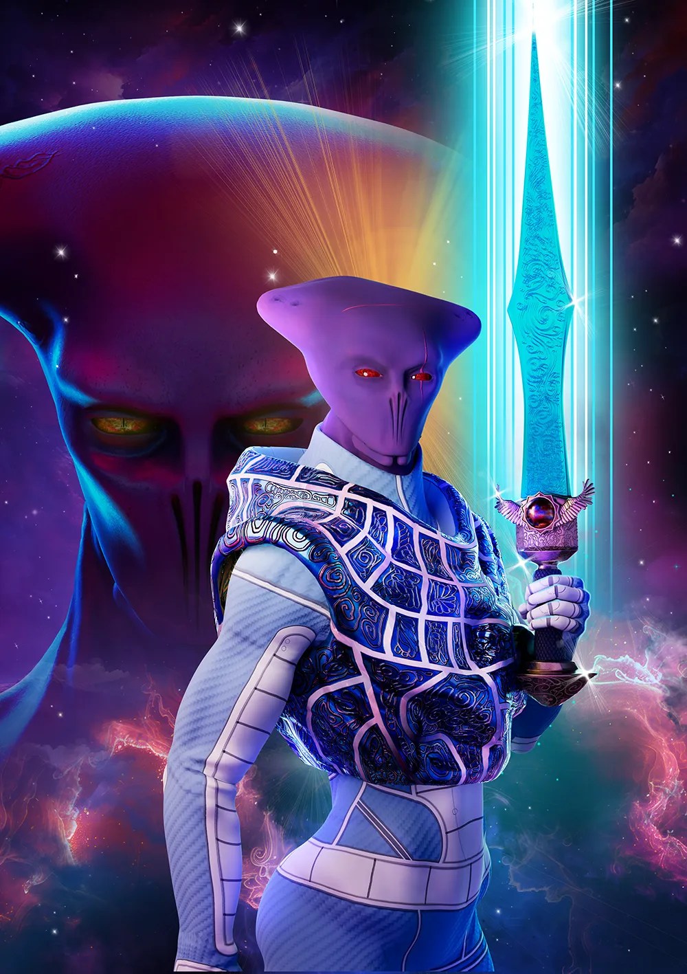 Front cover of A Sense for Memory: Part One. Commander Qwatajawa holding Reivosumet, a mysterious sword, in front of a cosmic background.