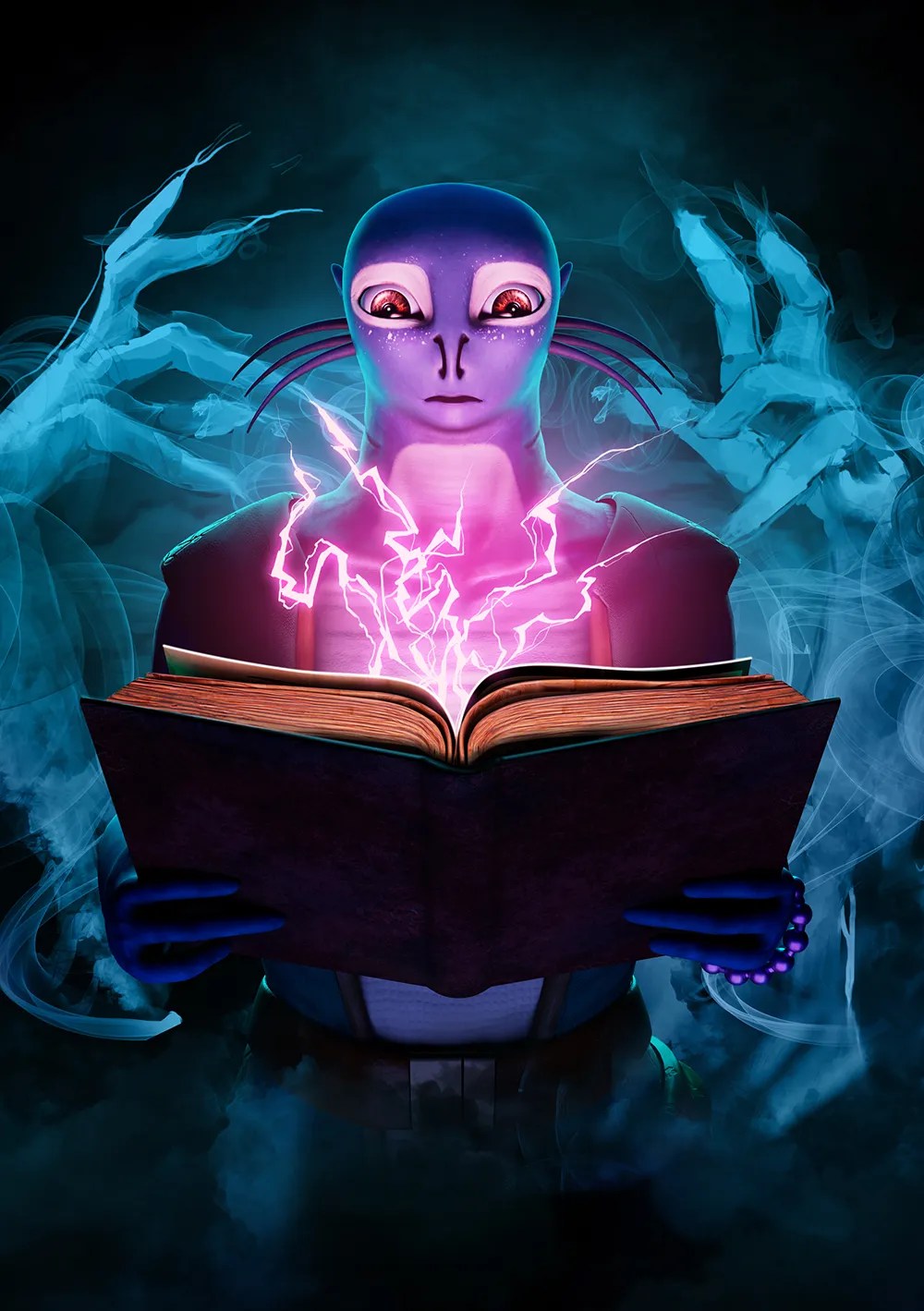 The illustrated cover to the xenofiction novel, Ghosts of Moonrise, featuring Q'razab Nassai, an alien character, reading a book