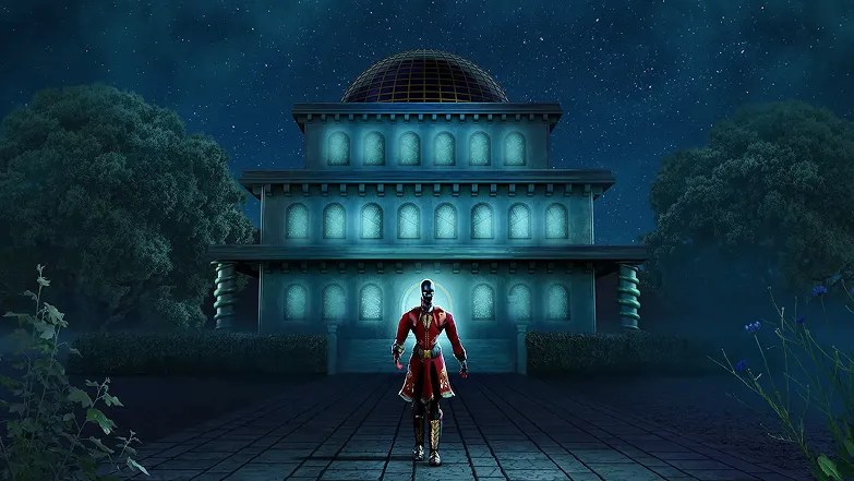 Illusionist Xa-Kol walks away from a mysterious alien building on a gloomy night