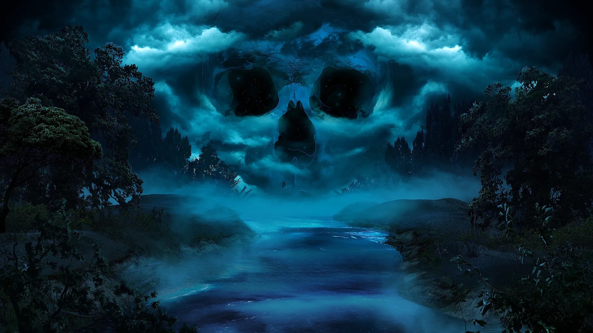 Promo art of Something by the River, a xenofiction interactive horror story, featuring a ghostly skull over a river
