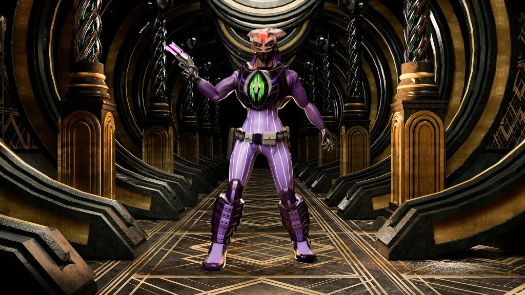 Ambassador Sa-Kolis, a female alien from the xenofiction series, Z-Verse, stands in the middle of a golden temple