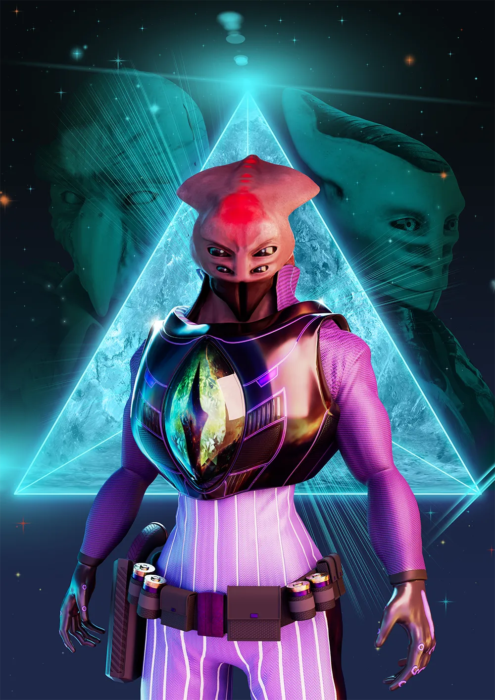 Cover of xenofiction illustrated novel, Triangulus. Ambassador Sa-Kolis features prominently in the centre, with supporting alien characters in the background.