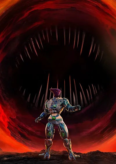 Astrophobia promotional art, depicting Commander Qwatajawa in front of a fiery black hole with teeth