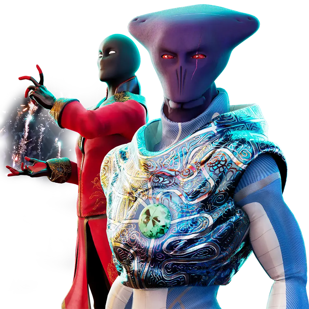 Commander Qwatajawa and Illusionist Xa-Kol, alien characters appearing in the xenofiction series, Z-Verse