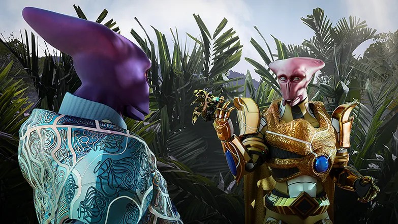 Commander Qwatajawa and Omiqar Ithiziropa standing in an alien jungle with a bug
