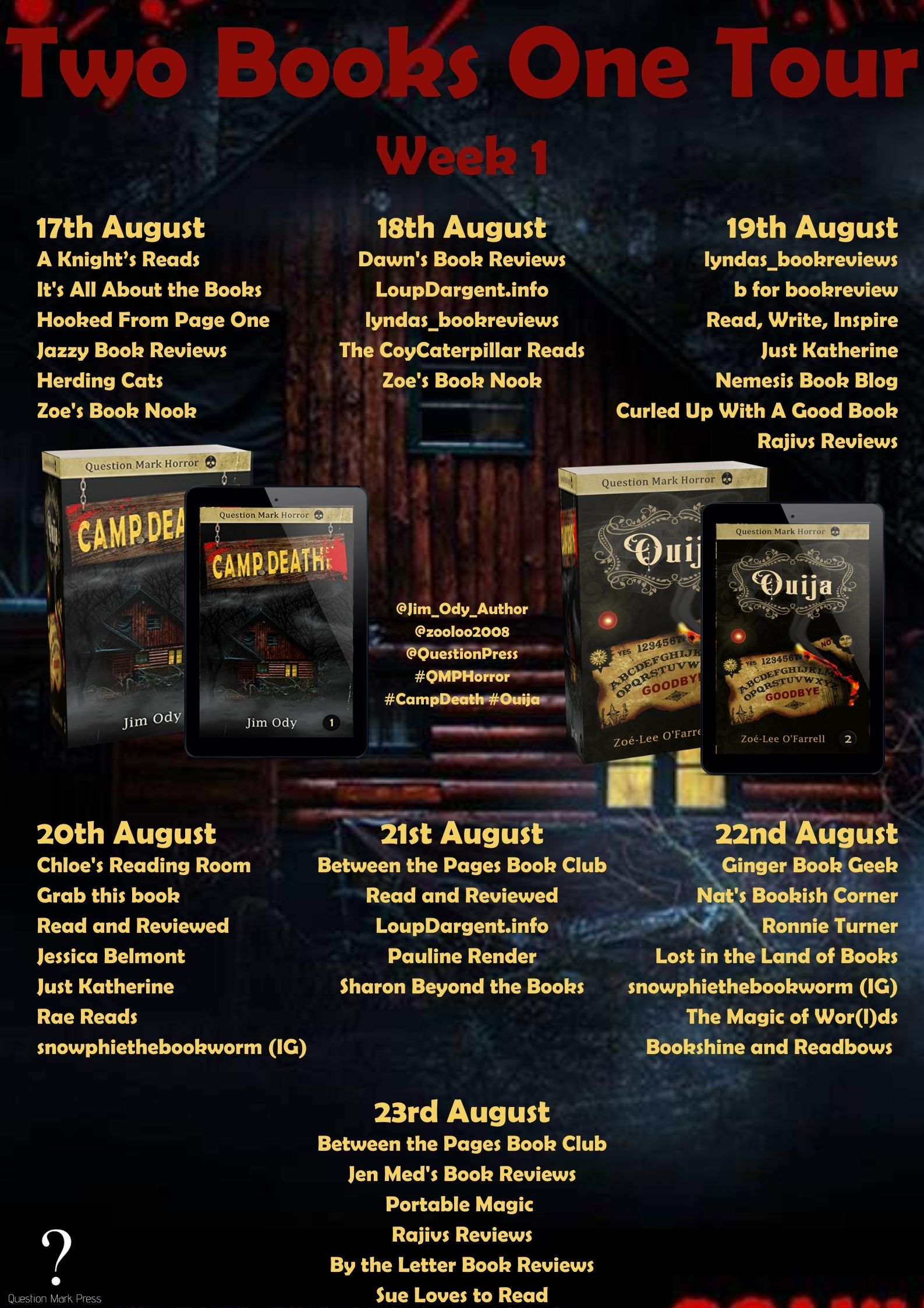 #AndThatsAWrap – #CampDeath #Ouija @Jim_Ody_Author @zooloo2008 @ZooloosBT @QuestionPress #Blogtour #ZooloosBookTours #QuestionMarkPress #BookTour