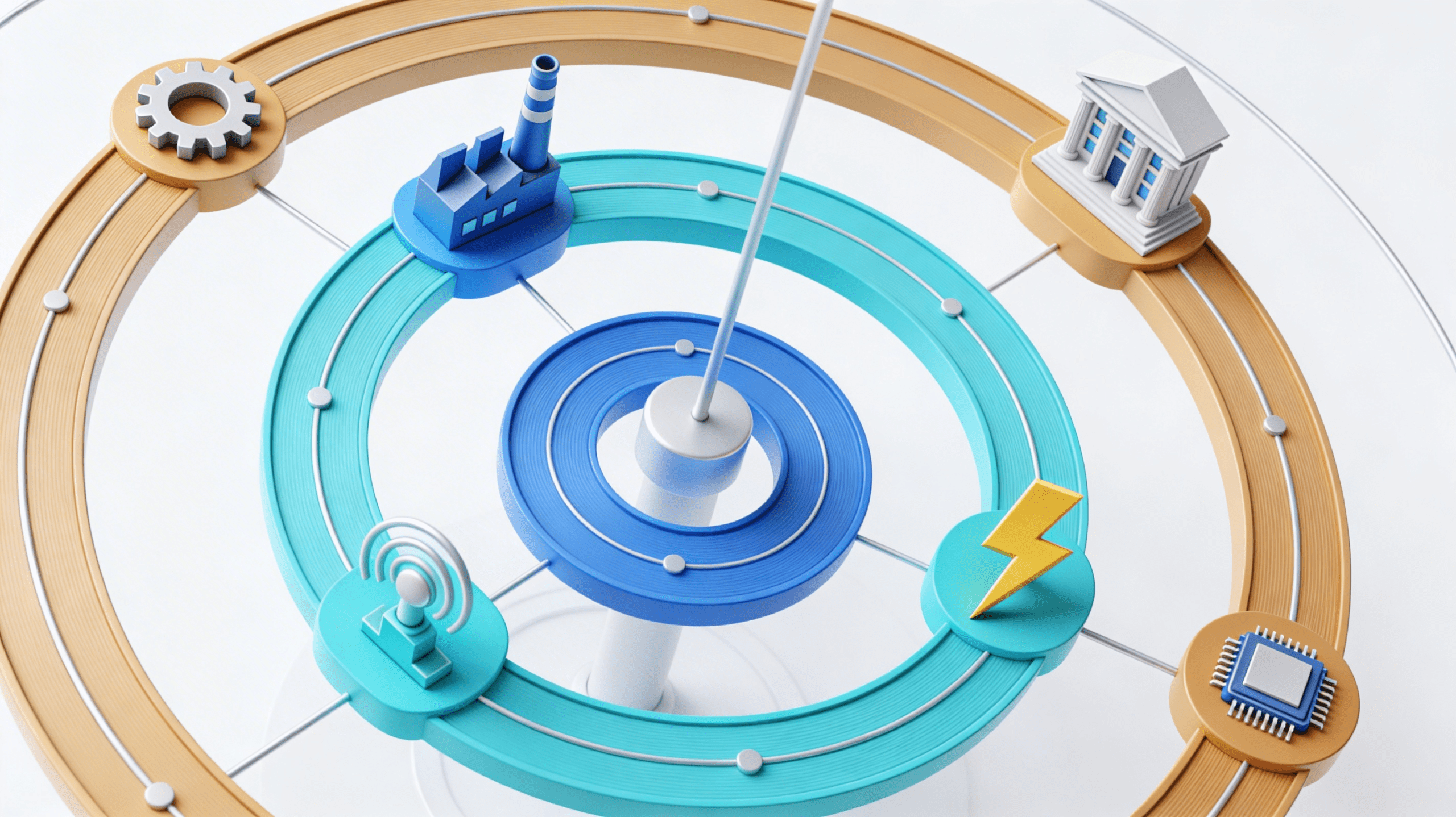 3D illustration of rotating circular tracks representing economic sector rotation, with icons for technology, energy, and industrials in a corporate blue and amber color palette.