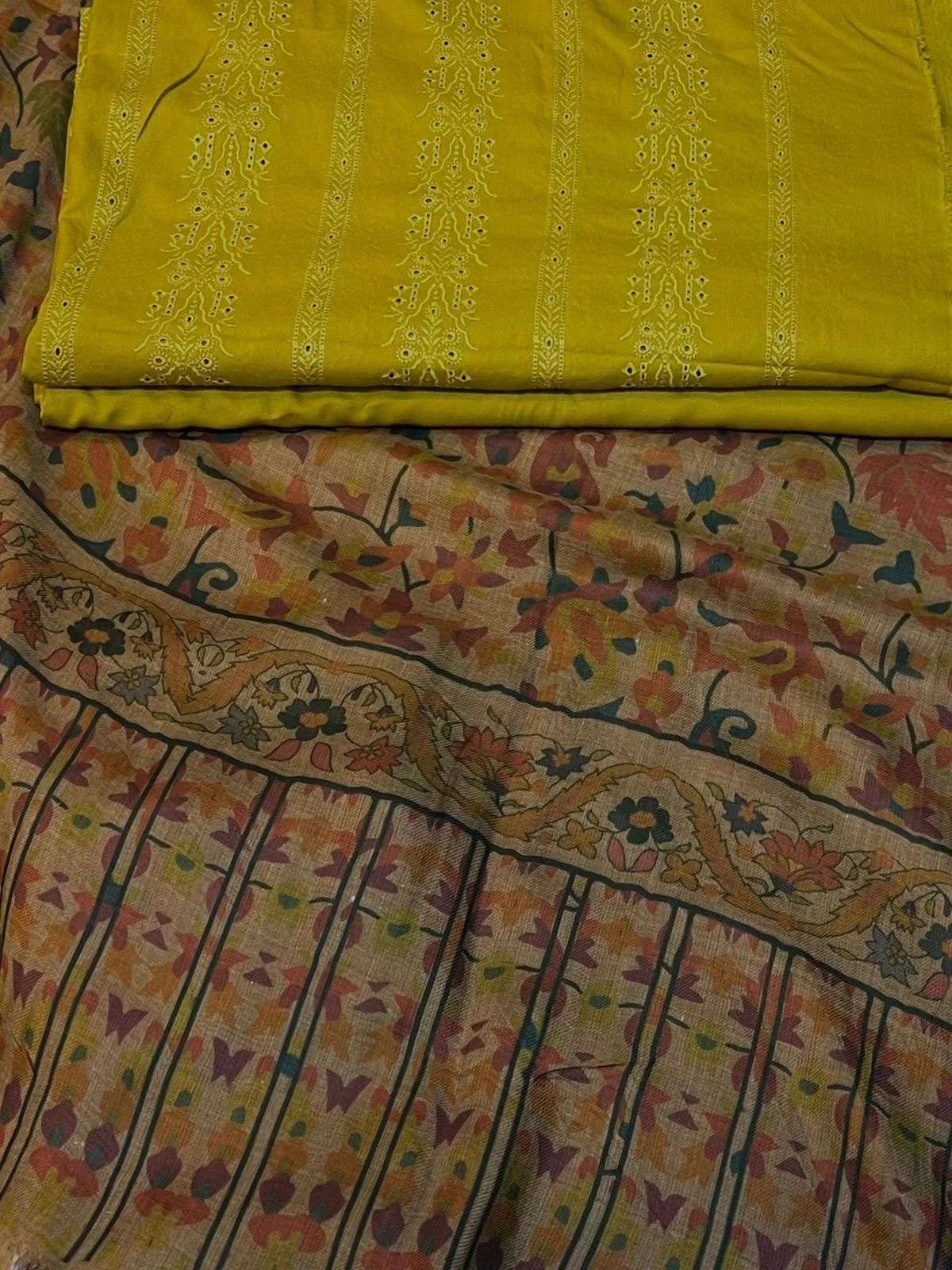 chikenkari marina suit with printed pashmina shawl