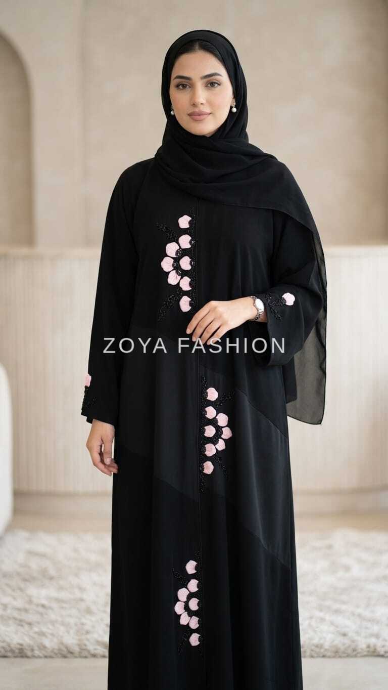 Black Floral Embroidered Abaya (Pink)