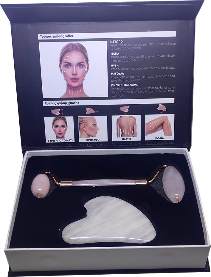 [1] Σετ Περιποίησης για Αντιγήρανση Ag Pharm Facial Roller Rose Quartz και Gua-sha Massage Πέτρα Ροζ Νεφρίτη για Μασάζ Προσώπου