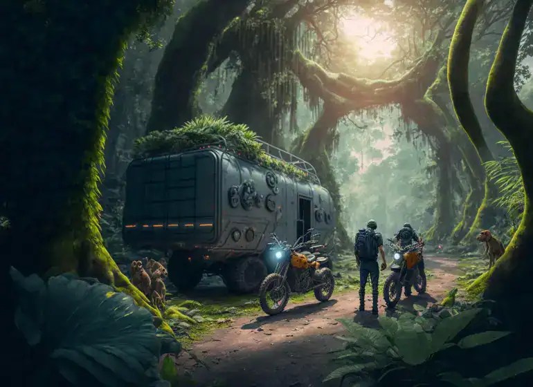 Explorers with a futuristic vehicle in a lush jungle setting.