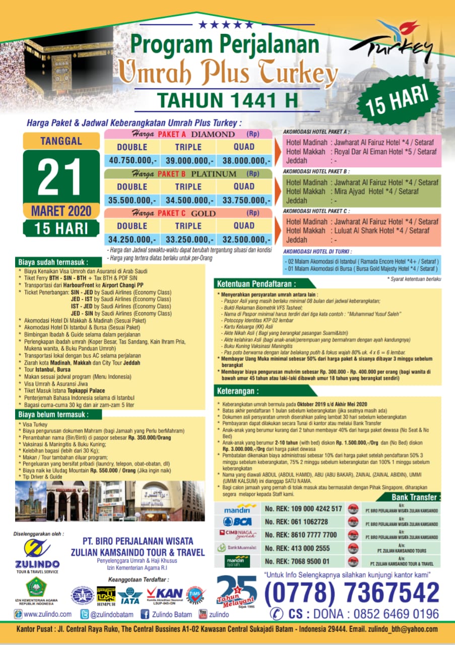 Paket ibadah umroh ini start jakarta. Umroh Plus Turkey Pt Zulian Kamsaindo