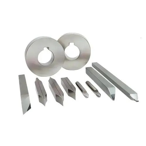 Heavy-duty full solid WC tungsten carbide cutters and large cam discs for spring production equipment. These high-hardness spring forming spare parts contain integral cutting cutter, thick forming cam and matching mandrel, processed with strict tempering heat treatment for outstanding wear resistance, fit all ring coiling machines.