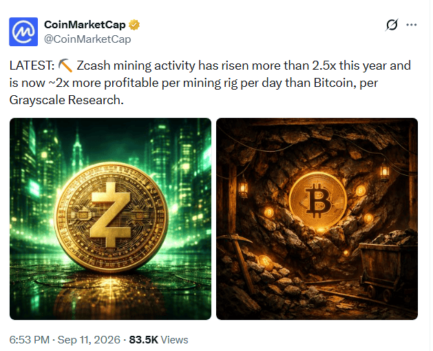 L'activité minière de Zcash a augmenté de plus de 2,5 fois en 2026, désormais plus rentable que celle de Bitcoin – Recherche en niveaux de gris ⋆ ZyCrypto L'activité minière de Zcash a augmenté de plus de 2,5 fois en 2026, désormais plus rentable que celle de Bitcoin – Recherche en niveaux de gris ⋆ ZyCrypto