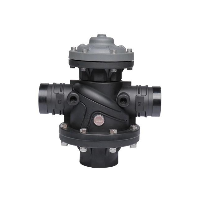BDV050AB 2 inch 3 way hydraulic backflushing control valve in black plastic housing angled flow configuration