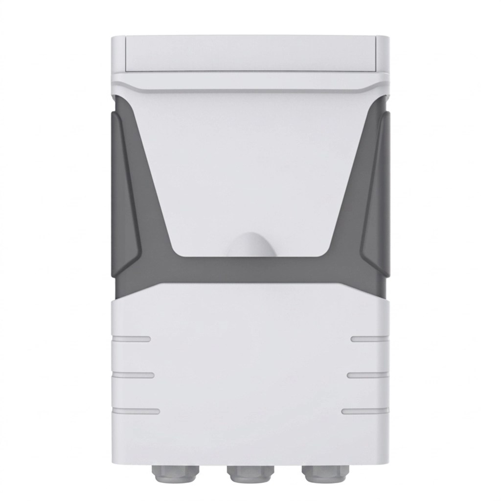 A BAC901A02 2-station automatic backwash filter controller product photo. Front view of the white and grey rectangular housing with grey panels, vertical ribbing, and three lower connectors, on a clean white background.