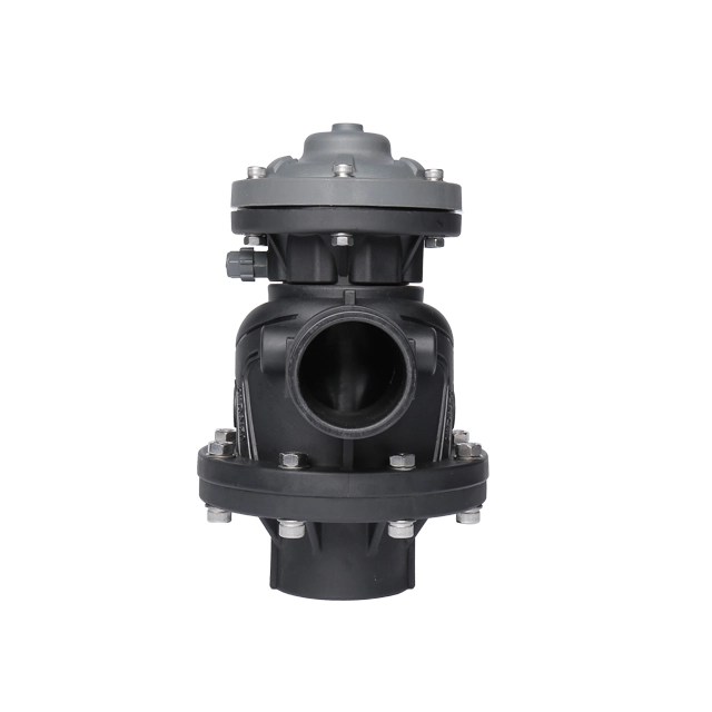 BDV050AB 2 inch 3 way hydraulic backflushing control valve in black plastic housing angled flow configuration
