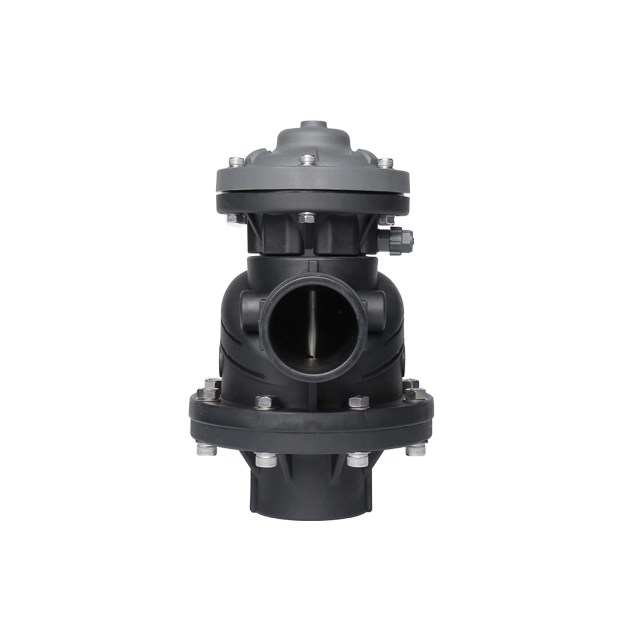 BDV050AB 2 inch 3 way hydraulic backflushing control valve in black plastic housing angled flow configuration