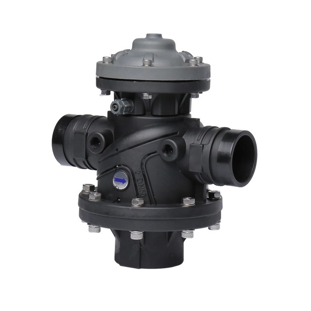 BDV050AB 2 inch 3 way hydraulic backflushing control valve in black plastic housing angled flow configuration