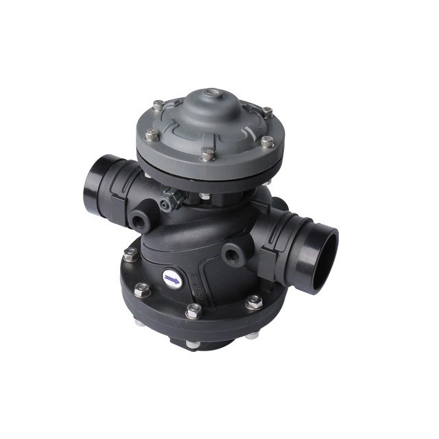 BDV050AB 2 inch 3 way hydraulic backflushing control valve in black plastic housing angled flow configuration