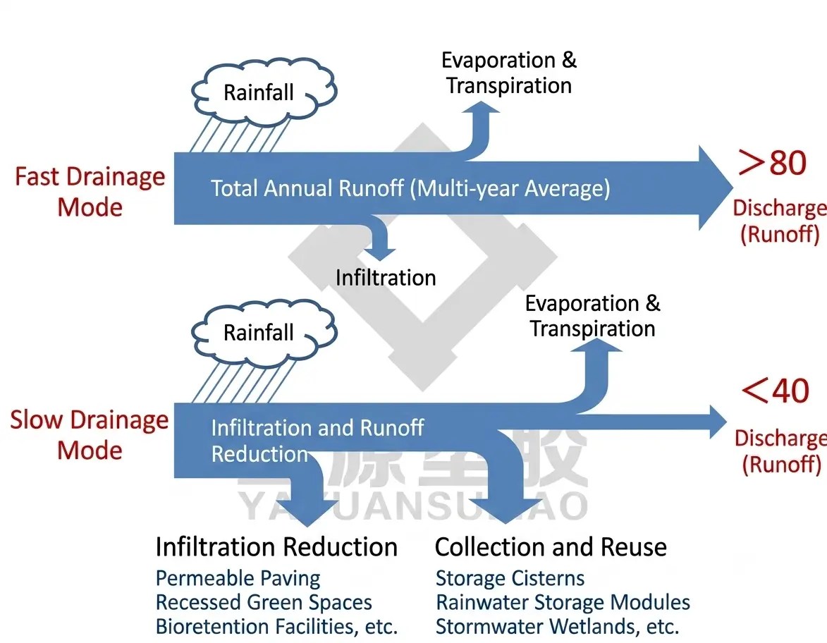 Comparison diagram of Fast Drainage Mode vs. Slow Drainage Mode in Sponge City design, showing technical pathways for annual runoff reduction, infiltration, evaporation, and collection using PP rainwater modules.