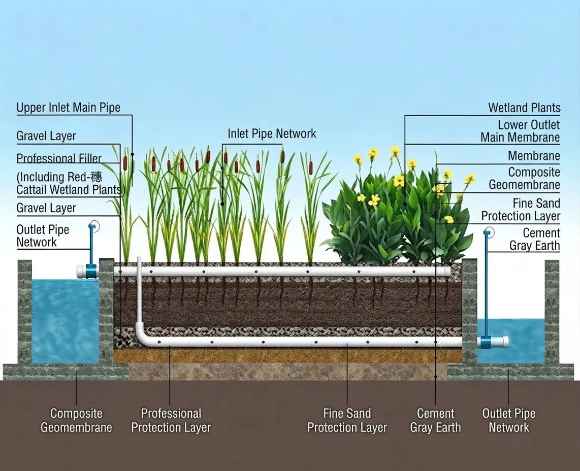 Vertical subsurface micro-ecological filter bed cross-section diagram, layered filter media for sponge city rainwater and rural wastewater purification